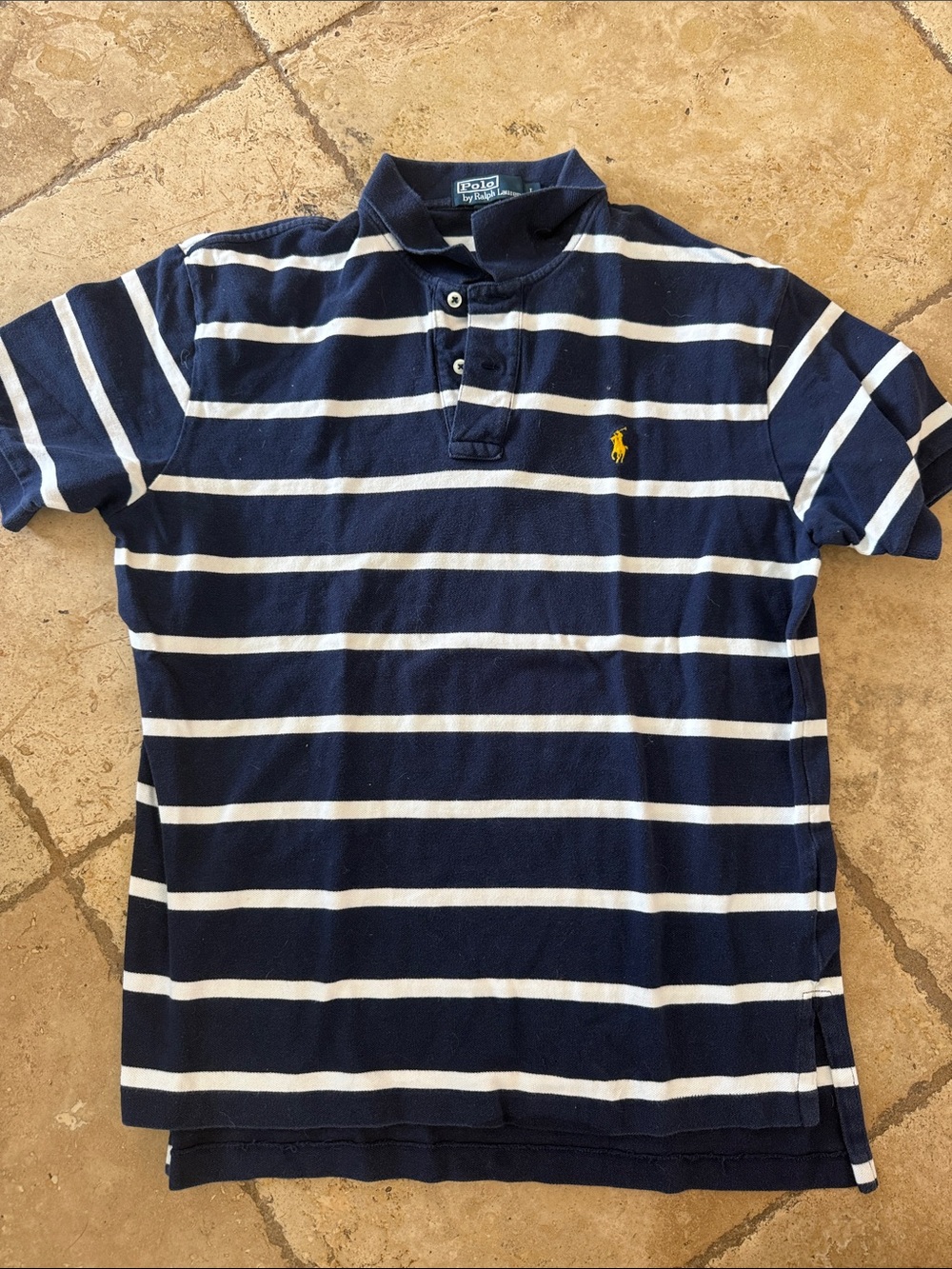 Polo by Ralph Lauren Navy & White Striped Short Sleeve Polo with Yellow Pony